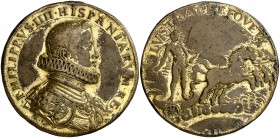 (hacia 1621-1635). Felipe IV. (Ruiz Trapero 16 var. módulo y metal) (Almagro-Gorbea 77 var. módulo y metal). 34,47 g. 45 mm. Bronce dorado. MBC/MBC-....