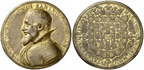 (1643). Felipe IV. (V.Q. 13827). 25,66 g. 50 mm. Bronce dorado. En el corte del brazo: GASP. MOLO. F. Incisión en anverso. Rara. MBC.