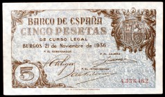 1936. Burgos. 5 pesetas. (Ed. D18). 21 de noviembre. Leves dobleces pero buen ejemplar, con apresto. Raro. MBC+.