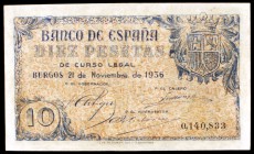 1936. Burgos. 10 pesetas. (Ed. D19). 21 de noviembre. Reparaciones. Raro. (MBC-).