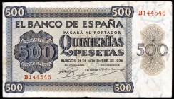 1936. 500 pesetas. (Ed. D23a). 21 de noviembre, serie B. Raro. MBC-.