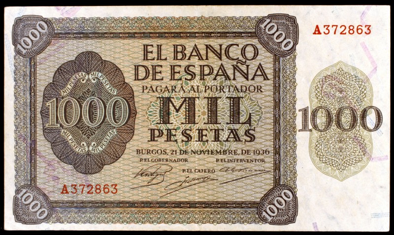 1936. Burgos. 1000 pesetas. (Ed. D24). 21 de noviembre, serie A. Leve doblez. Ra...