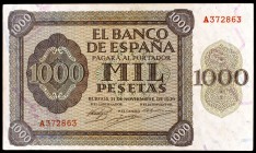 1936. Burgos. 1000 pesetas. (Ed. D24). 21 de noviembre, serie A. Leve doblez. Raro. MBC+.