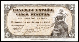1937. Burgos. 5 pesetas. (Ed. D25a). 18 de julio, serie B. Escaso. S/C-.