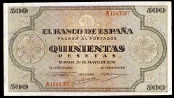1938. Burgos. 500 pesetas. (Ed. D34). 20 de mayo. Serie A. Raro. MBC.