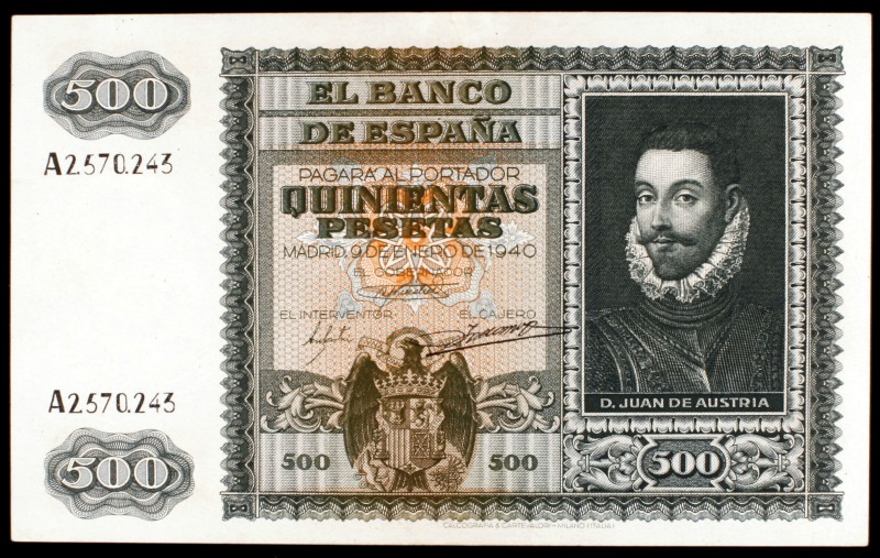 1940. 500 pesetas. (Ed. D40). 9 de enero, D. Juan de Austria. Levísimo doblez. R...