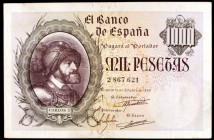 1940. 1000 pesetas. (Ed. D46). 21 de octubre, Carlos I. Leve doblez. Raro. MBC+.