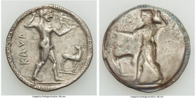 BRUTTIUM. Caulonia. Late 6th century BC. AR stater or nomos (29mm, 6.72 gm, 12h). Choice Fine, broken, repaired, glue residue. KAVΛ, full-length figur...