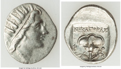 CARIAN ISLANDS. Rhodes. Ca. 88-84 BC. AR drachm (16mm, 2.22 gm, 12h). Choice VF. Plinthophoric standard, Nicagoras, magistrate. Radiate head of Helios...