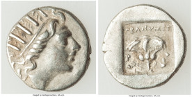 CARIAN ISLANDS. Rhodes. Ca. 88-84 BC. AR drachm (14mm, 2.03 gm, 12h). Choice VF. Plinthophoric standard, Thrasymedes, magistrate. Radiate head of Heli...
