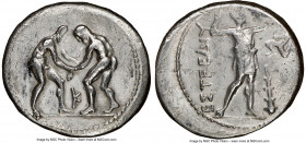 PAMPHYLIA. Aspendus. Ca. 325-250 BC. AR stater (25mm, 12h). NGC VF, graffiti, brushed. Two wrestlers grappling; K between / ΕΣΤFΕΔΙΥ, slinger standing...