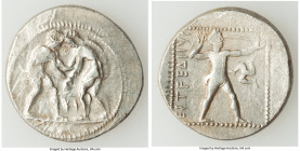 PAMPHYLIA. Aspendus. Ca. 325-250 BC. AR stater (25mm, 10.69 gm, 12h). Choice Fine, scratches, die shift. Two wrestlers grappling, KI between, all with...