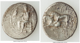 CILICIA. Tarsus. Mazaeus, as Satrap (ca. 361-328 BC). AR Stater (25mm, 10.51 gm, 11h). VF, porosity. B'LTRZ (Aramaic), Ba'altars seated left, head fac...