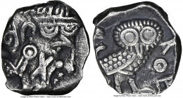 ARABIA FELIX. Sabaeans(?). Imitating Athens. Ca. 3rd-2nd centuries BC. AR quarter-unit (11mm, 7h). NGC XF. Head of Athena right, wearing an Attic helm...
