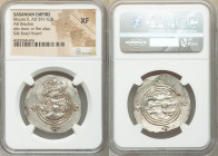 SASANIAN KINGDOM. Khusro II (AD 591-628). AR drachm (31mm, 3h). NGC XF. Bust of Khusro II right, wearing mural crown with frontal crescent, two wings,...