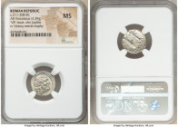 Anonymous. Ca. 211-208 BC. AR victoriatus (17mm, 3.39gm 4h). NGC MS. Laureate head of Jupiter right; dotted border / ROMA, Victory standing right, cro...