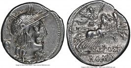 L. Postumius Albinus (ca. 131 BC). AR denarius (19mm, 9h). NGC AU. Rome. Head of Roma right, wearing winged helmet with griffin crest; barred X (mark ...