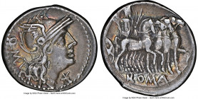Q. Caecilius Metellus (ca. 130 BC). AR denarius (20mm, 4h). NGC XF. Rome. Q•METE (ME and TE ligate), head of Roma right, wearing winged helmet decorat...