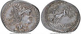 M. Lucilius Rufus (101 BC). AR denarius (21mm, 5h). NGC Choice XF. Rome. head of Roma right, wearing winged helmet decorated with griffin crest and ne...