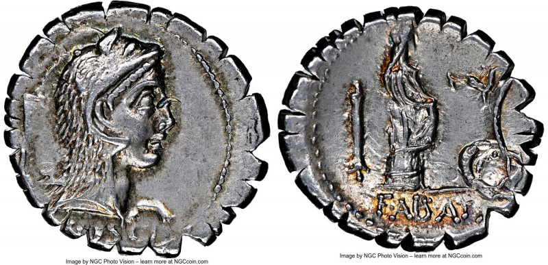 L. Roscius Fabatus (64/59 BC). AR serratus denarius (20mm, 4h). NGC Choice XF, b...