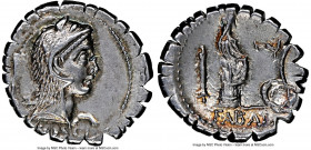 L. Roscius Fabatus (64/59 BC). AR serratus denarius (20mm, 4h). NGC Choice XF, bankers mark. Rome. L ROSCI, head of Juno Sospita right, wearing goat-s...