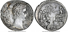 Augustus (27 BC-AD 14). AR denarius (20mm, 3.69 gm, 5h). NGC Choice XF 4/5 - 3/5, flan flaw. Lugdunum, 15 BC. AVGVSTVS-DIVI•F, bare head of Augustus r...