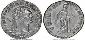 Domitian, as Caesar (AD 81-96). AR denarius (19mm, 7h). NGC AU. Rome, AD 79. CAESAR AVG F DOMITIANVS COS VI, laureate head of Domitian right / PRINCEP...