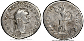 Domitian, as Augustus (AD 81-96). AR denarius (19mm, 5h). NGC Fine, graffito. Rome, AD 81. IMP CAES DOMITIANVS AVG P M, laureate head of Domitian righ...
