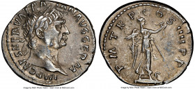 Trajan (AD 98-117). AR denarius (18mm, 6h). NGC XF. Rome, AD 101-102. IMP CAES NERVA TRA-IAN AVG GERM, laureate bust of Trajan right, drapery on left ...