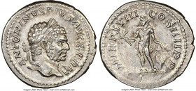 Caracalla (AD 198-217). AR denarius (20mm, 6h). NGC AU. Rome, AD 215. ANTONINVS PIVS AVG GERM, laureate head of Caracalla right / P M TR P XVIII COS I...