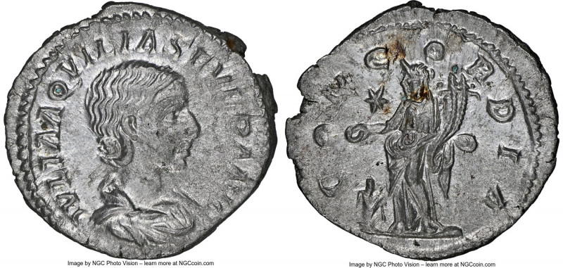 Julia Aquilia Severa (AD 220-222). AR denarius (19mm, 3.02 gm, 1h). NGC MS 4/5 -...