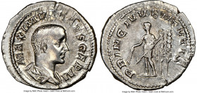 Maximus (AD 235/6-238). AR denarius (21mm, 6h). NGC Choice VF, edge bend, brushed. Rome, AD 236-238. MAXIMVS CAES GERM, bare headed, draped bust of Ma...