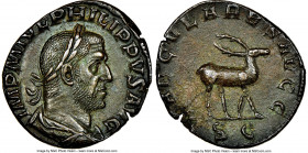 Philip I (AD 244-249). AE sestertius (28mm, 1h). NGC AU, Fine Style. Rome, 1st officina, 9th emission, AD 248. IMP M IVL PHILIPPVS AVG, laureate, drap...
