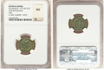 Constantine I the Great (AD 307-337). AE3 or BI nummus (20mm, 6h). NGC AU. Trier, 1st officina, AD 322-323. CONSTAN-TINVS AVG, helmeted, cuirassed bus...