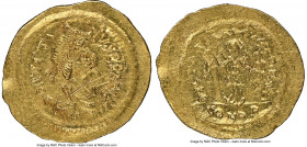 Justin I (AD 518-527). AV tremissis (18mm, 1.45 gm, 6h). NGC MS 5/5 - 2/5, wavy flan, graffito. Constantinople. D N IVSTI-NVS PP AVG, pearl-diademed, ...