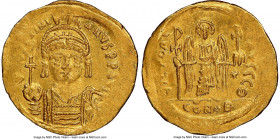 Justinian I the Great (AD 527-565). AV solidus (21mm, 5h). NGC AU, edge bend, clipped. Constantinople, 9th officina, ca. AD 545-565. D N IVSTINI-ANVS ...