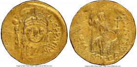 Justin II (AD 565-578). AV solidus (20mm, 7h). NGC AU, wavy flan, marks. Constantinople, 2nd officina. D N I-VSTI-NVS PP AVG, cuirassed bust of Justin...