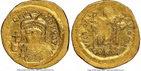 Maurice Tiberius (AD 582-602). AV solidus (21mm, 4.40 gm, 7h). NGC MS 2/5 - 4/5, clipped. Constantinople, 7th officina. o N mAVRC-TIb PP AVG, draped a...