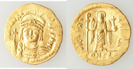 Maurice Tiberius (AD 582-602). AV solidus (23mm, 7h). Choice XF, light scratches. Antioch, 4th officina. o N mAVRC-TIb PP AVG, draped and cuirassed bu...