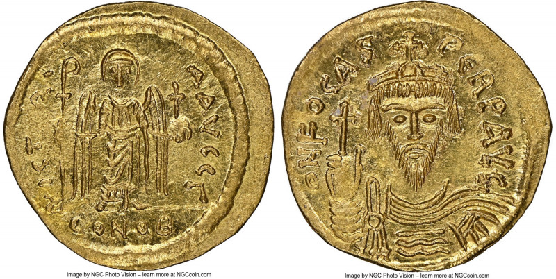 Phocas (AD 602-610). AV solidus (21mm, 4.48 gm, 7h). NGC MS 5/5 - 4/5. Constanti...