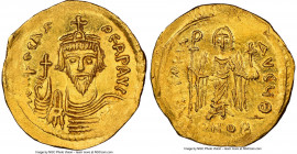 Phocas (AD 602-610). AV solidus (22mm, 4.38 gm, 7h). NGC Choice AU 4/5 - 2/5, edge bends, clipped. Constantinople, 9th officina, AD 607-609. d N FOCAS...