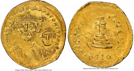 Heraclius (AD 610-641), with Heraclius Constantine. AV solidus (21mm, 4.37 gm, 7h). NGC MS 3/5 - 3/5, wavy flan, clipped. Constantinople, 5th officina...