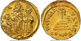 Heraclius (AD 610-641), with Heraclius Constantine and Heraclonas. AV solidus (20mm, 4.38 gm, 6h). NGC AU 4/5 - 4/5. Constantinople, 6th officina, ca....