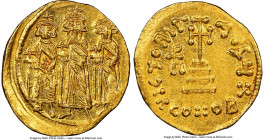 Heraclius (AD 610-641), with Heraclius Constantine and Heraclonas. AV solidus (21mm, 4.48 gm, 6h). NGC MS 5/5 - 4/5. Constantinople, 7th officina, ca....