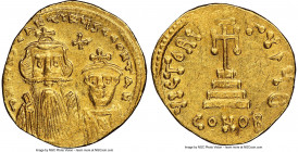 Constans II Pogonatus (AD 641-668), and Constantine IV. AV solidus (19mm, 7h). NGC AU, graffiti, brushed. Constantinople, 9th officina. ca. AD 654-668...