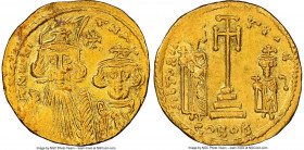 Constans II Pogonatus (AD 641-668), with Constantine IV, Heraclius and Tiberius. AV solidus (20mm, 4.42 gm, 6h). NGC AU 4/5 - 3/5, clipped. Constantin...