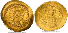 Constantine IX Monomachus (AD 1042-1055). AV histamenon nomisma (28mm, 4.38 gm, 5h). NGC AU 4/5 - 3/5, crimped, clipped. Constantinople. +IhS XIS RЄX ...