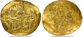 John II Comnenus (AD 1118-1143), AV hyperpyron (33mm, 6h). NGC AU, graffiti, slight bend. Constantinople. + KЄ RO-HΘЄ, Christ enthroned facing, wearin...