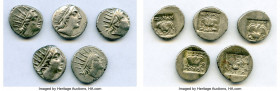 ANCIENT LOTS. Greek. Carian Islands. Rhodes. Ca. 88-84 BC. Lot of five (5) AR drachms. VF-XF. Includes: (5) Plinthophoric standard, AR drachms. Variou...