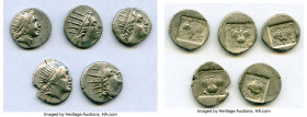 ANCIENT LOTS. Greek. Carian Islands. Rhodes. Ca. 88-84 BC. Lot of five (5) AR drachms. VF-XF. Includes: (5) Plinthophoric standard, AR drachms. Variou...